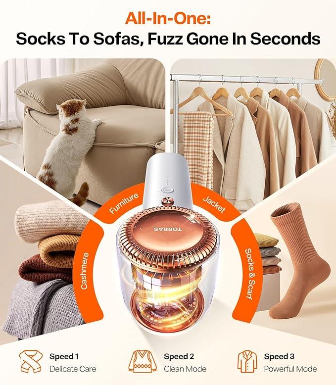 TORRAS Fabric Shaver Lint Remover, Rechargeable Electric 3-Speed Sweater Shaver Remove Fuzz, Pilling for Cashmere, Wool, Coat, Furniture, Clothes depiller with Replacement Blades, Pearl White - NeatNest