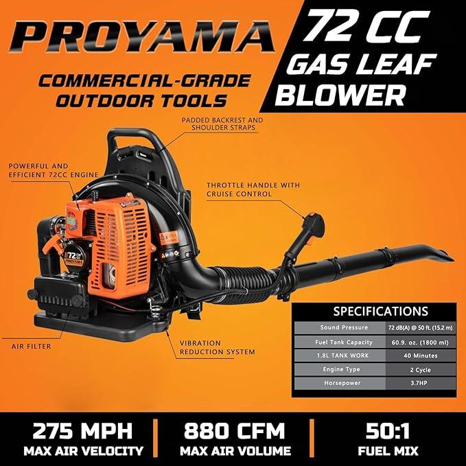 PROYAMA 72CC Gas Backpack Leaf Blower, 2-Cycle 880CFM 275MPH Gas Powered Engine, 2 in 1 Nozzle Low Vibration and Ergonomic Design with Cruise Control for Outdoor GardenYard Cleaning and Snow Removal - NeatNest