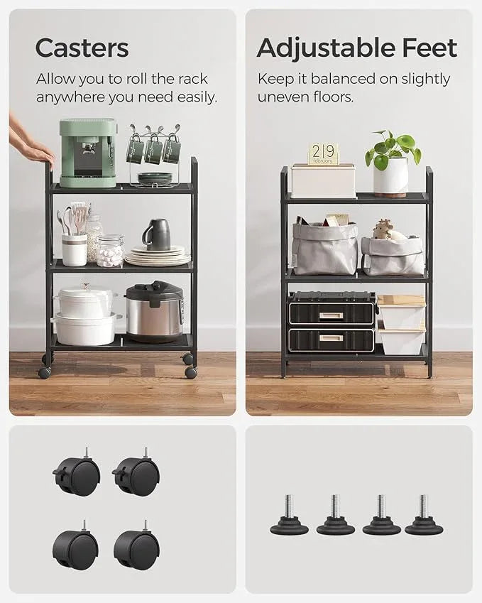 SONGMICS 3-Tier Metal Storage Rack with Wheels, Mesh Shelving Unit with X Side Frames, 23.6-Inch Width, for Entryway, Kitchen, Living Room, Bathroom, Industrial Style, Black UBSC163B01 - NeatNest