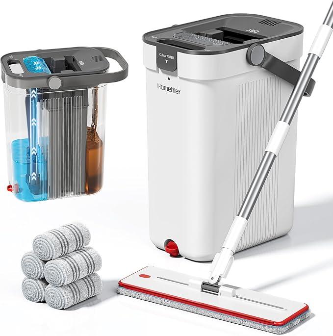 Mop and Bucket Set, Flat Mop and Bucket System with Separate Dirty and Clean Water, 3-Compartment Wall Cleaner Mop, Flat Mops for Floor Cleaning with 6 Microfiber Pads - NeatNest