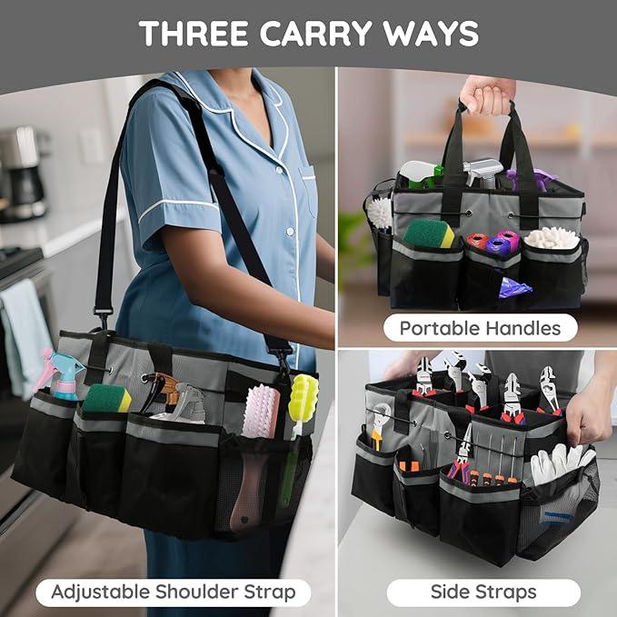 ZKOO Large Cleaning Caddy Bag with Handle, Built-in Sturdy Support Board, Adjustable Shoulder Strap, Multi-compartment Design Cleaning Supply Tote for Cleaners & Housekeepers (Gray) - NeatNest