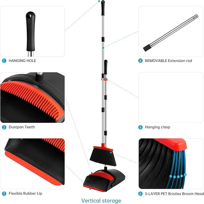 Broom and Dustpan Set for Home,52-in Long Adjustable Handle Angle Broom for Sweeping Indoor Dustpan Teeth to Clean Pet Hair Suitable for Home Kitchen Office - NeatNest