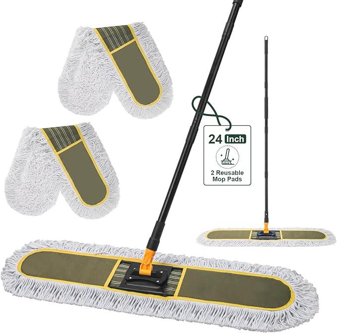 24" Commercial Dust Mops for Floor Cleaning with 2 Replacement Mop Pads, Heavy Duty Large Dust Mop for Hardwood Floors, Industrial Wet Dry Floor Duster for Office Garage Warehouse Factory Mall - NeatNest