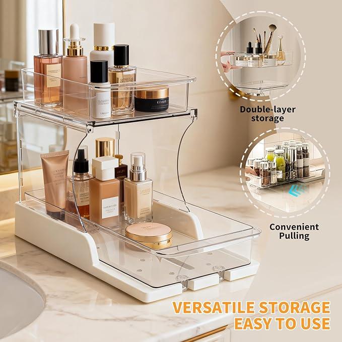 Pull Out 2 Tier Under Sink Organizer Clear Cabinet Organizer for Kitchen Bathroom Storage Rotating Pantry Rack for Spice Organization and Makeup Organizer for Drawer Durable Design 2 Pack - NeatNest