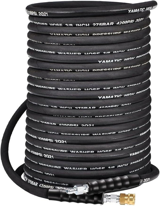 YAMATIC 3/8" Pressure Washer Hose 100 FT 4200 PSI for Hot/Cold Water, Kink Resistant Swivel 3/8" & M22-14 Quick Connection Wear Resistant Industry Grade Compatible with Most Power Washer - NeatNest