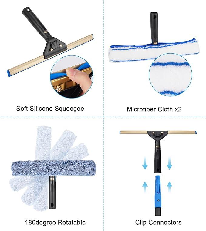 Window Cleaning Kit with Storage Bucket, Window Squeegee with 4.13ft Extension Pole, Scrubber, Spray Bottle,Duster Cloth, Squeegee with Rotating Head, Professional Window Cleaning Tools - NeatNest