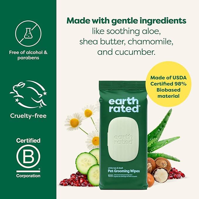 Earth Rated Pet Wipes for Dogs and Cats, Hypoallergenic, 3-in-1 Cleaning, Deodorizing and Hydrating, for Grooming Paws, Body and Butt, New White Tea and Basil Scent, 100 Count - NeatNest