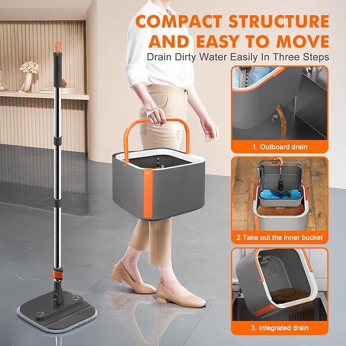 Upgraded Spin Mop and Bucket Set Self-Standing Rod Separate Dirty and Clean Water System Self Wringing 360° Rotating 90° Foldabl for Hard Floor Cabinet Windows Wall Dark Gray, 6Pads - NeatNest