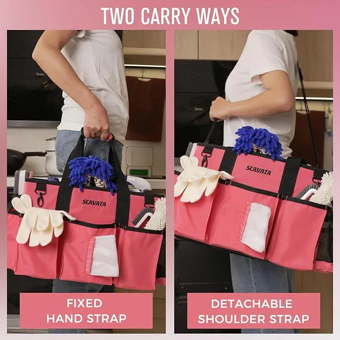 Wearable Cleaning Caddy Bag, Cleaning Caddy Supplies Organizer with Handle & Shoulder Straps for Housekeepers, Under Sink & Car Cleaning Tool Organizers with 4 Foldable Divider (RoseRed) - NeatNest