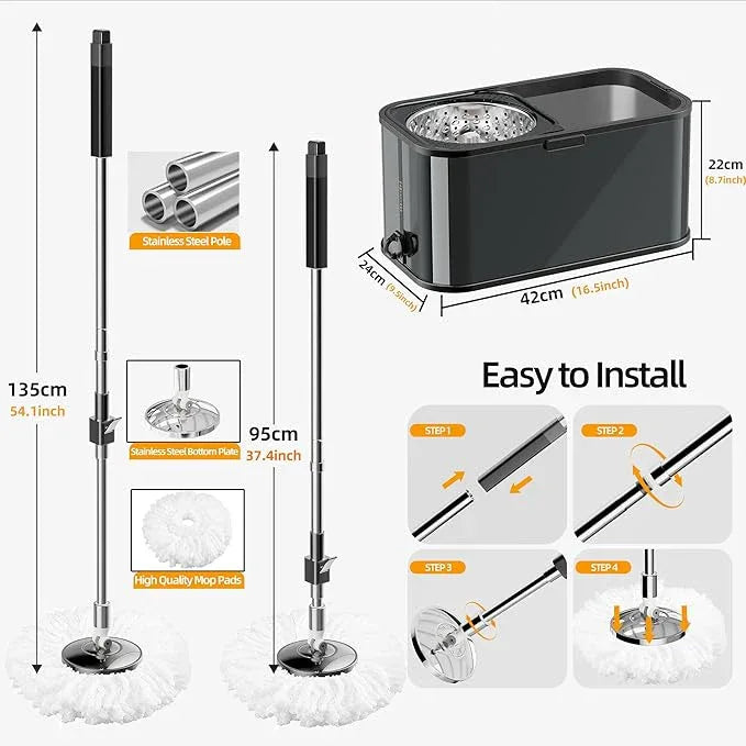 Spin Mop and Bucket with Wringer Set for Home,360° Mop and Bucket with Separate Clean and Dirty Water,Wet Dust Mop for Floor Cleaning with Extra Refills (Black) - NeatNest