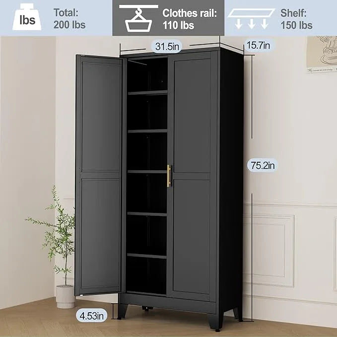 Black Metal Storage Cabinet,75" Steel Cabinets for Home Office, Kitchen Pantry Storage Cabinet with Doors and 5 Adjustable Shelves, Tool Cabinets, for Office, Home, Garage, School - NeatNest