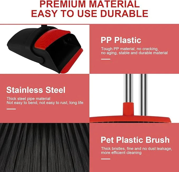 Broom and Dustpan Set for Household, Red Broom with Dustpan Combo Set, 51" Long Handle Dust pan Set for Dog Cat and Hair Clean - NeatNest