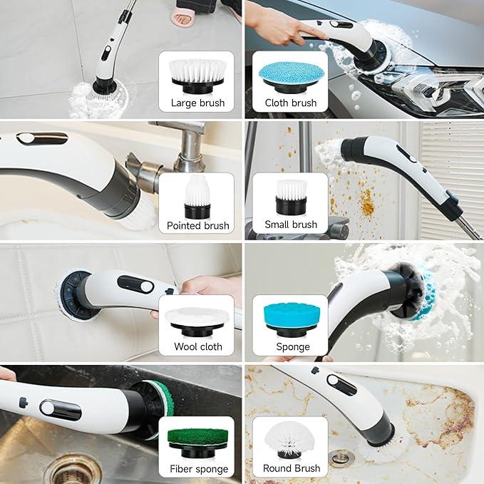 PUNOMO Electric Spin Scrubber, Cordless Waterproof Cleaning Brush with 8 Replaceable Brush Heads - 120Mins Work Time Adjustable Long Handle 2 Speeds 360 Power Scrubber for Bathroom Shower Kitchen Car - NeatNest