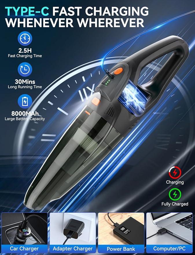 GHUSTAR Handheld Vacuum Cordless - 25000PA Strong Suction Hand Held Car Vacuum Cleaner Portable with Multi-Nozzles - Lightweight Dust Busters Rechargeable for Home Car Office Pets 2 Levels - NeatNest
