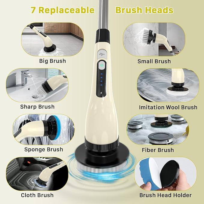 Electric Spin Scrubber, Cordless Cleaning Brush, Shower Scrubber with 7 Replaceable Brush, 2 Speeds and Adjustable Extension Handle for Bathroom Shower Bathtub Glass Car(Beige) - NeatNest