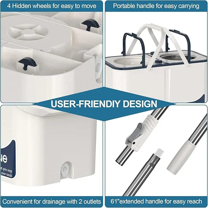 Gen 1 Large-Capacity Spin Mop and Bucket – for Big Homes & Deep Cleaning Days,4-Chamber System Separates Dirty & Clean Water, 2-GAL Heavy-Duty Design with Wheels & 8 Refill Mop Heads - White/Blue - NeatNest