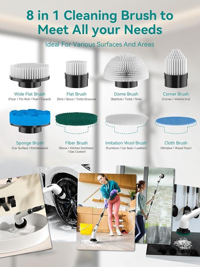 3-Speed Electric Spin Scrubber for Bathroom, 120Mins Runtime, Cordless Power Cleaning Brush with 8 Brush Heads, 3000mAh Shower Scrubber with Long Handle, Floor Scrubber, Grout Brush Bathtub Cleaning - NeatNest