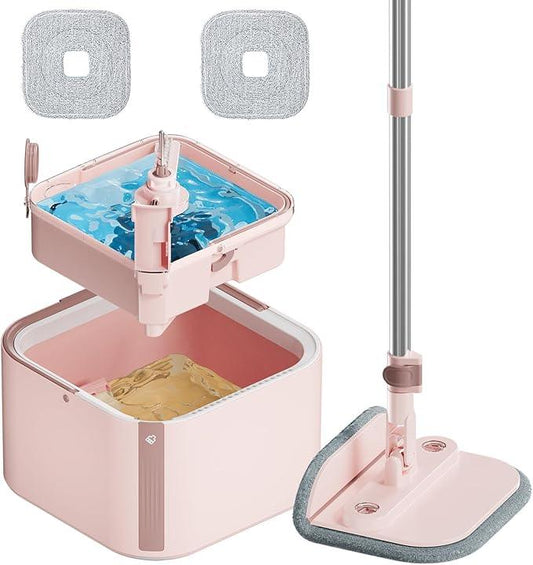 KZKR Square Spin Mop and Bucket Set with Self Separation Dirty and Clean Water System,Self Wringing 360° Rotating Mops Head for Home Floors Cleaning (2.0 mop Bucket Set with 2 Pads) - NeatNest