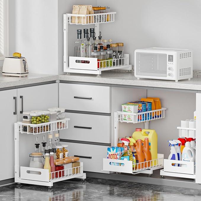 Pro Under Sink Organizer Storage: Premium Metal 2-Tier Pull-Out Wire Basket Organizer, L Shape Height Adjustable, Easy Installation | Kitchen & Bathroom Cabinet Organizers Pack 1 White - NeatNest