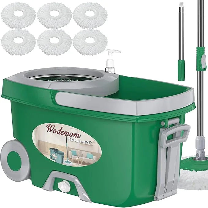 Dual Compartment Spin Mop and Bucket, Mop and Bucket with Wringer Set,360°Rotating Spinning Mopping for Floor Cleaning with 6 Microfiber Replacement Heads, 61" Extended Handle, 2X Wheel - Deep Green - NeatNest