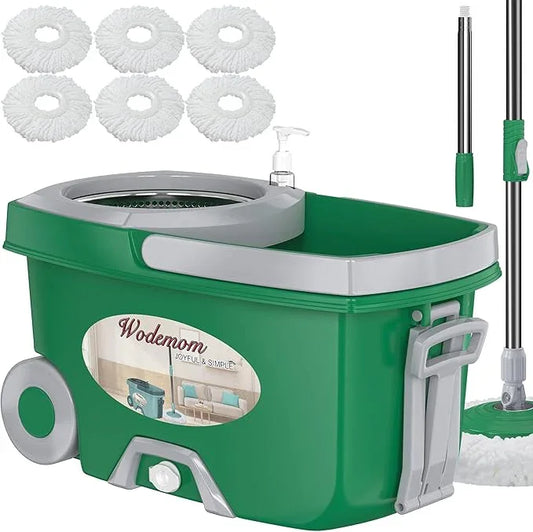 Dual Compartment Spin Mop and Bucket, Mop and Bucket with Wringer Set,360°Rotating Spinning Mopping for Floor Cleaning with 6 Microfiber Replacement Heads, 61" Extended Handle, 2X Wheel - Deep Green - NeatNest