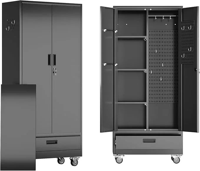 SUXXAN Broom Closet with Wheels 71"x 31.5"x15.75", Metal Cleaning Cabinets with Drawer Hooks and Hanging Rods, Lockable Cabinet with Pegboard, Adjustable Shelf,for Garage, Laundry Room - NeatNest