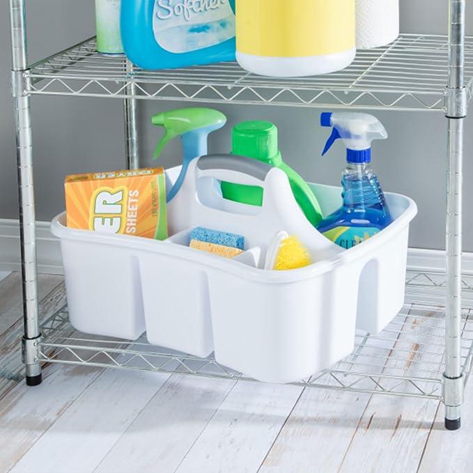 Sterilite Divided Ultra Caddy, Plastic, Portable Storage to Hold Bathroom and Cleaning Supplies, 5 Large Compartments and Handle, White, 18-Pack - NeatNest