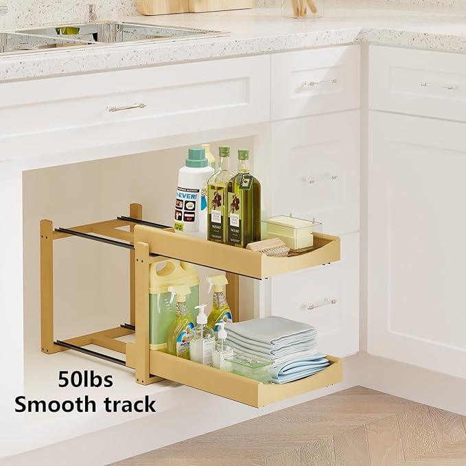 Bamboo Under Sink Organizer Adjustable Height 2 Tier Bathroom Organizer Pull Out Cabinet Storage Kitchen Heave Duty Wood Slide Ou Shelf for Kitchen Bathroom (Nature, 1 Pack) - NeatNest