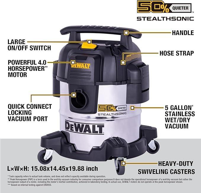 DEWALT 5 Gallon STEALTHSONIC Shop Vacuum Wet and Dry, Powerful Suction & Portable Shop Vac with Attachments, Ultra Quiet Wet Dry Vacuum for Home, Garage, Car, Workshop, Jobsite, DXV05S-QT, 4 Peak HP - NeatNest
