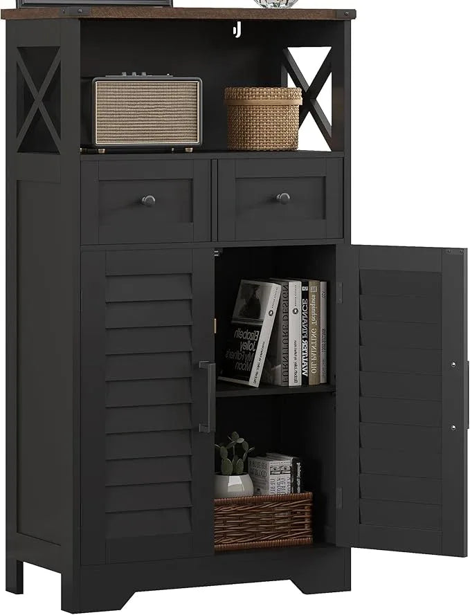 ChooChoo Farmhouse Storage Cabinet, Bathroom Floor Cabinet with Doors and Drawers, Kitchen Pantry Cabinet for Living Room, Laundry, Black - NeatNest