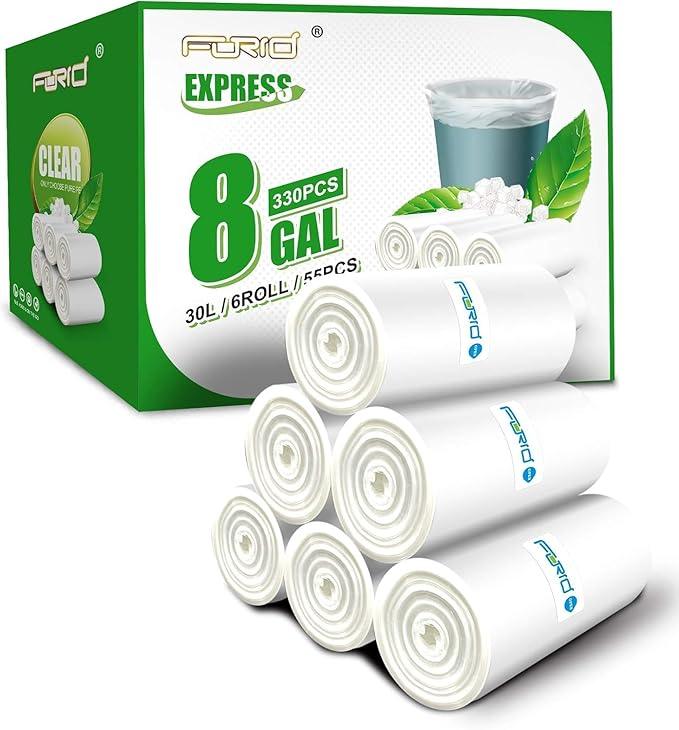 FORID Clear Trash Bags, 8 Gallon Garbage Bags, Wastebasket Bin Liners 330 Count Plastic Trash Bags for Bathroom Bedroom Office Garbage Can 30 Liters - Durable & Thick Trash Bag - Medium - NeatNest
