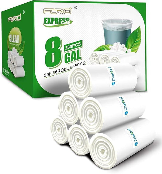 FORID Clear Trash Bags, 8 Gallon Garbage Bags, Wastebasket Bin Liners 330 Count Plastic Trash Bags for Bathroom Bedroom Office Garbage Can 30 Liters - Durable & Thick Trash Bag - Medium - NeatNest