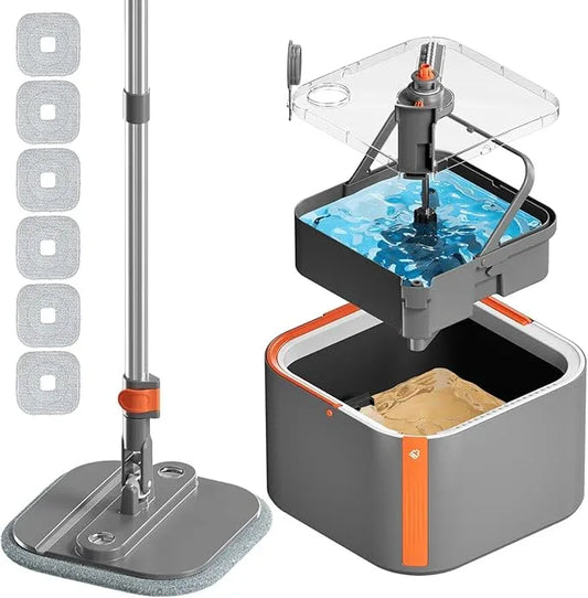 Upgraded Spin Mop and Bucket System Set, Self Separate Clean and Dirty Water, Foldable Square Standing Mop Head with Microfiber Mop Pads, Detachable Bucket (Grey+Orange, Mop Set with 6PC Pads) - NeatNest