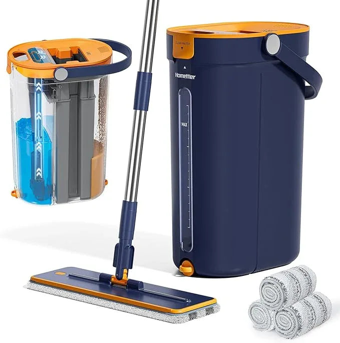 Mop and Bucket Set with Wringer, 3-Tank Flat Mop and Bucket System, Wall Mop Cleaner with Long Handle, Hands Free Mops for Floor Cleaning with 4 Microfiber Pads - NeatNest