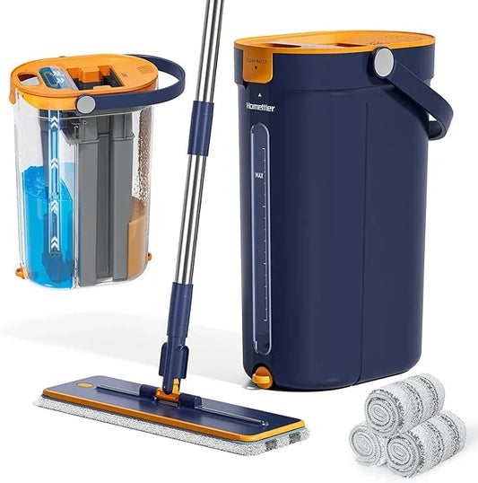 Mop and Bucket Set with Wringer, 3-Tank Flat Mop and Bucket System, Wall Mop Cleaner with Long Handle, Hands Free Mops for Floor Cleaning with 4 Microfiber Pads - NeatNest