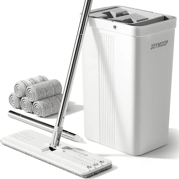 JOYMOOP Mop and Bucket with Wringer Set, White Flat Squeeze Mop Bucket Set for Floor Cleaning, Wet Dry Mops for Walls, Wall Cleaner with Long Handle, Hardwood Floor Mop-5 Microfiber Cloths - NeatNest