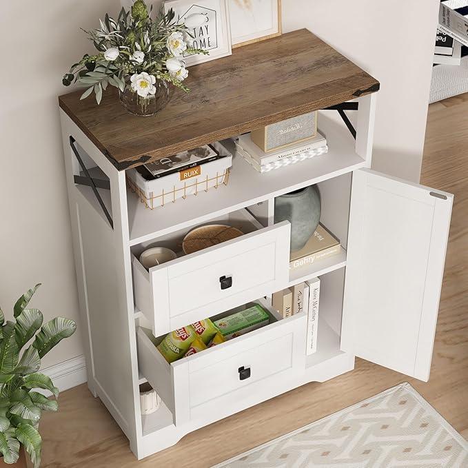 Fameill White Farmhouse Storage Cabinet with 2 Drawers & Shelves,Freestanding Kitchen Cabinet with Doors,Floor Storage Organization for Living Room,Bathroom,Laundry - NeatNest