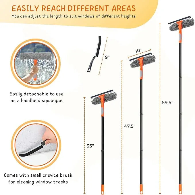 Window Cleaner Tool for Home, 59.5'' Squeegee Kit for Car Windshield, Shower Door, Mirror Cleaning, 2 in 1 Outdoor Glass Washer with Extension Pole - NeatNest
