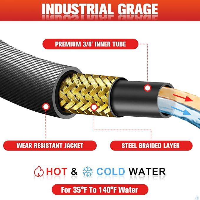 50FT Pressure Washer Hose 3/8''- 5000 PSI High Tensile Wire Braided Kink Resistant Power Washer Hoses Extension, Hot & Cold Water Max 212°F with 2 Pcs M22-14mm 3/8" Quick Connect Kits - NeatNest