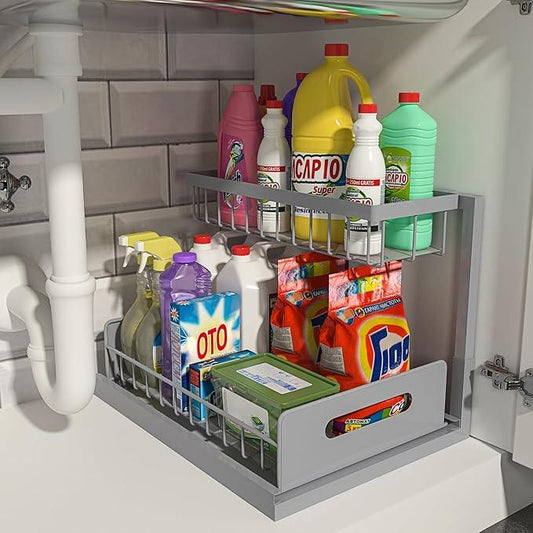 REALINN Under Sink Organizer, Pull Out Cabinet Organizer 2 Tier Slide Out Sink Shelf Cabinet Storage Shelves, Storage for Kitchen Bathroom, Grey, 1 Pack - NeatNest