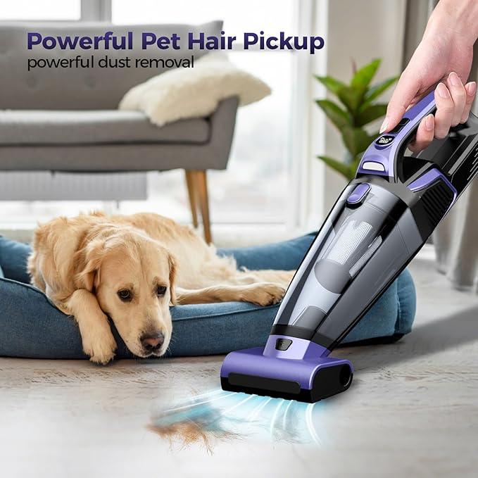 Pet Hair Handheld Vacuum Cordless: 20000PA High Power Car Vacuum with Motorized Brush and LED Light, Rechargeable Hand Held Vacuum Cleaner with Reusable Filter for Car, Home, Office & Pet, Purple - NeatNest