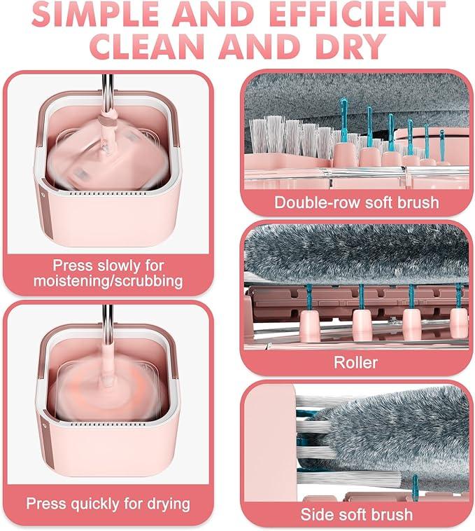 Upgraded Spin Mop and Bucket Set Self-Standing Mop Bucket Separate Dirty and Clean Water System Self Wringing 360° Rotating 90° Foldabl Mops and Buckets for Floor Cleaning (Pink, 6Pads) - NeatNest