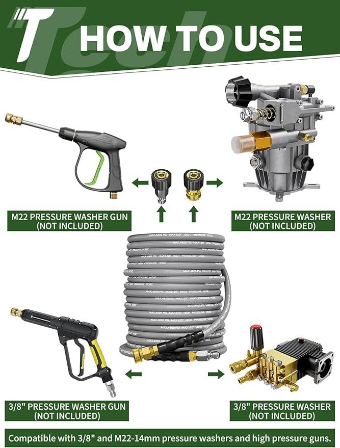 3/8" 4800PSI Pressure Washer Hose 100FT with Swivel Quick Connect for Cold/Hot Water Max 248°F, Kink Resistant Steel Wire Braided, Wear Resistant Power Washer Hose with M22 14mm Adapter - NeatNest
