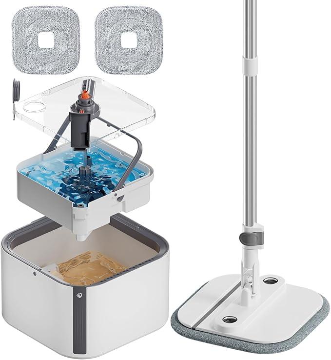 Upgraded Self-Standing Spin Mop and Bucket System, Detachable Inner Mop Bucket That Separates Dirty Water & 90° Foldable Head, Triple-Scrubbing System, for Hardwood Floors - White with 2 Pads - NeatNest