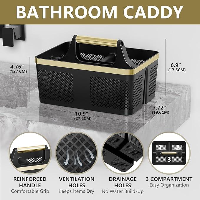 Shower Caddy Dorm Men: Plastic Bathroom Caddy Organizer with Handle and Holes, Bath Caddy for College Dorm, Portable Shower Basket Tote for Toiletry, Travel, GYM, Camp Essentials Black/Gold - NeatNest