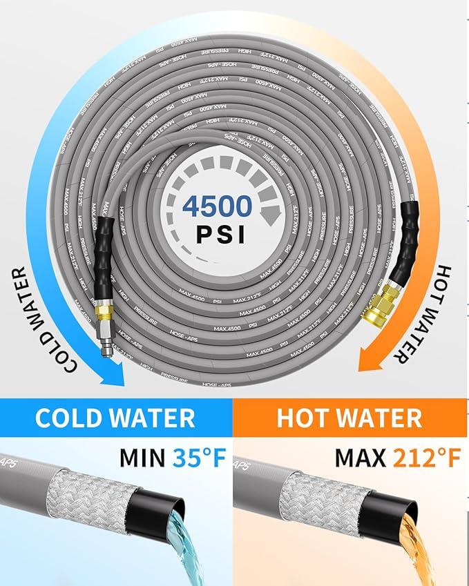 Pressure Washer Hose 200FT 3/8" for Cold and Hot Water 212°F, with Swivel Quick Connect, 4500PSI Kink Resistant Grade Steel Wire Braided, Power Washer Hose With 2pcs M22-14mm Adapter - NeatNest