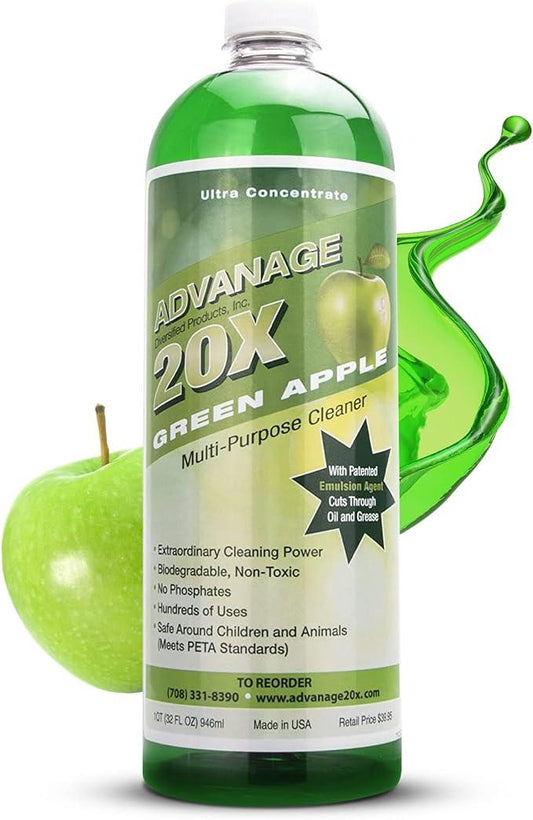 Advanage 20X All Purpose Cleaner Concentrate – Green Apple Eco-Friendly Heavy Duty Degreaser, Multisurface Cleaner for Bathroom, Kitchen, Floors, Household Cleaning Supplies, Made in USA, 32 Fl Oz - NeatNest
