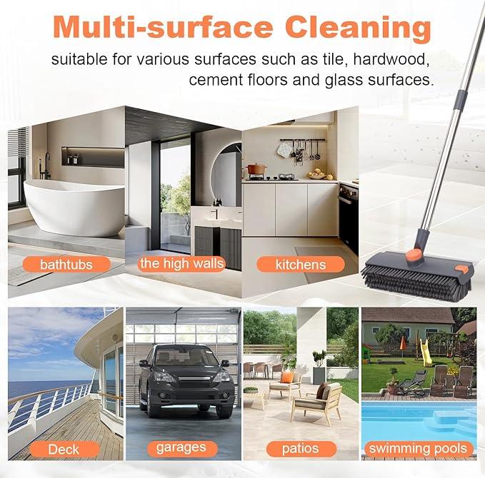 Floor Scrub Brush with 64" Long Handle - 360° Swivel Heads Household Push Brush with Squeegee and Right Angled Bristle for Cleaning Concrete Floors Grout Gardens Patio Deck Concrete Garage Heavy Duty - NeatNest