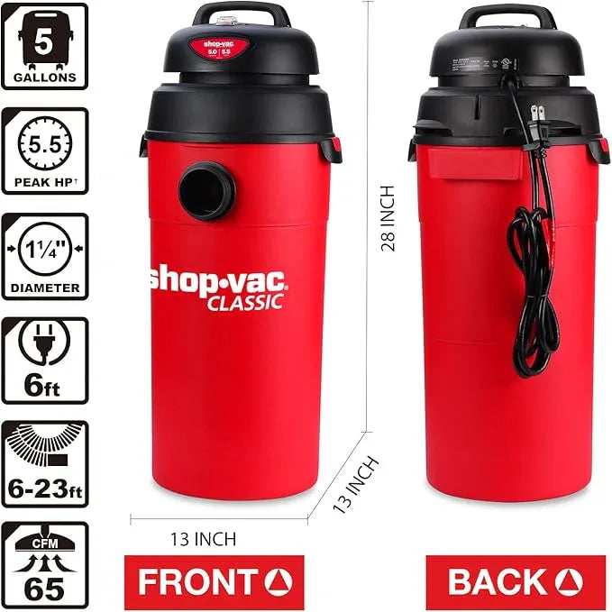 Shop-Vac 5 Gallon 5.5 Peak HP Wet/Dry Vacuum, Wall Mountable Compact Shop Vacuum with 18+7Ft Long Hose & Attachments, Ideal for Jobsite, Garage, Car & Workshop. 9522236 - NeatNest