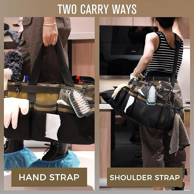 Wearable Cleaning Caddy Organizer with Handle & Shoulder Straps for Housekeepers, Under Sink & Car Cleaning Tool Organizer Bag with 4 Foldable Dividers (Tan) - NeatNest